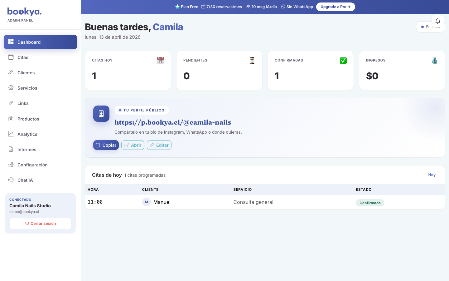 Dashboard de Bookya