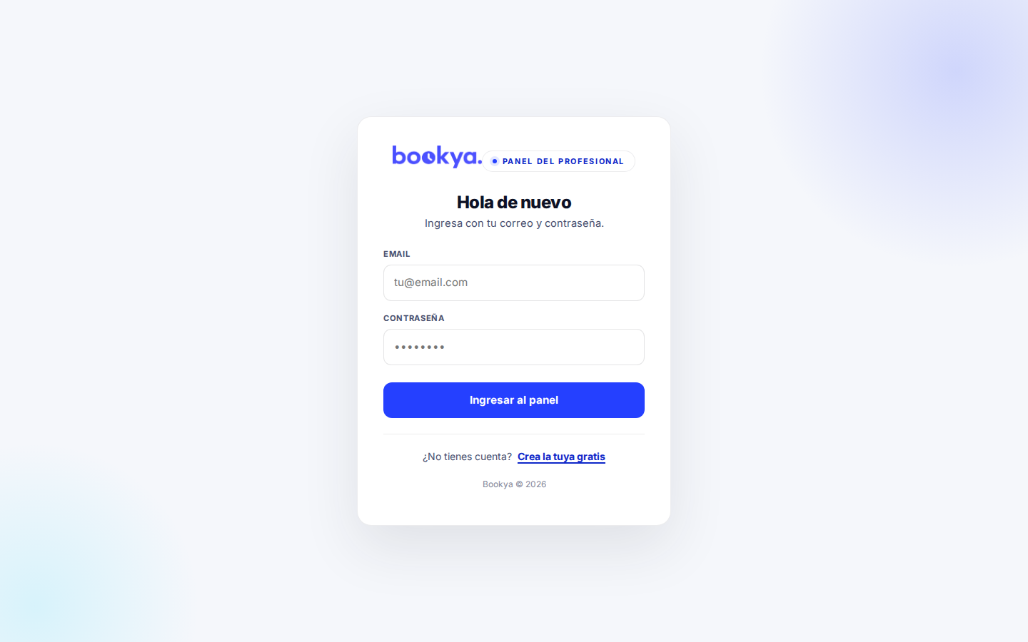 Pantalla de inicio de sesión de Bookya